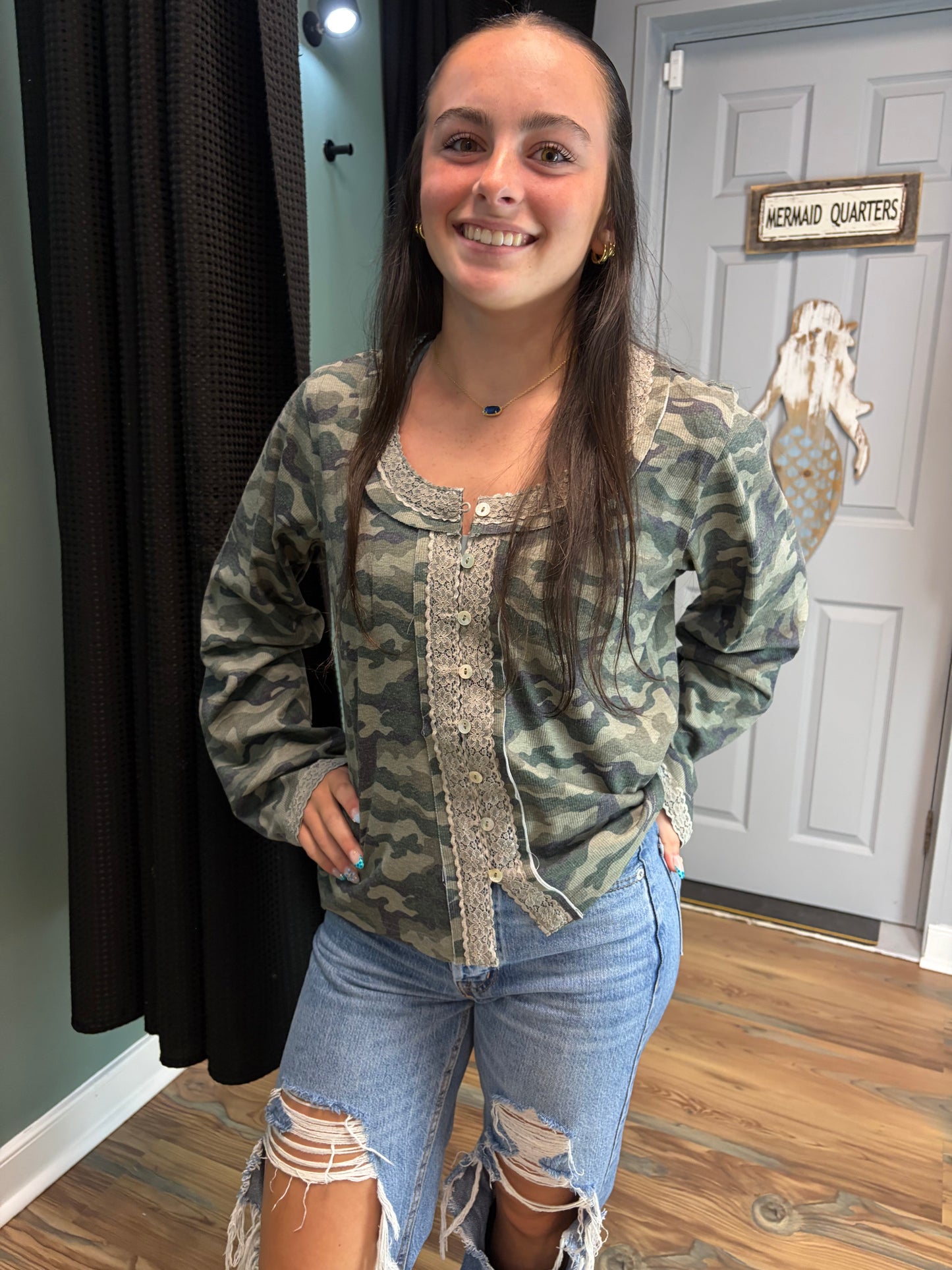 Button Front Camo Long Sleeve