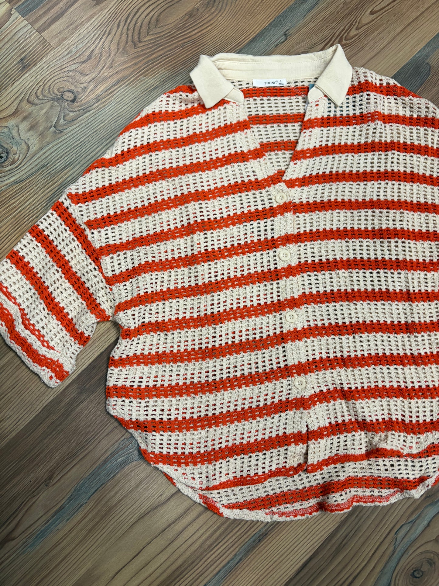 Orange Striped Knit Button Up