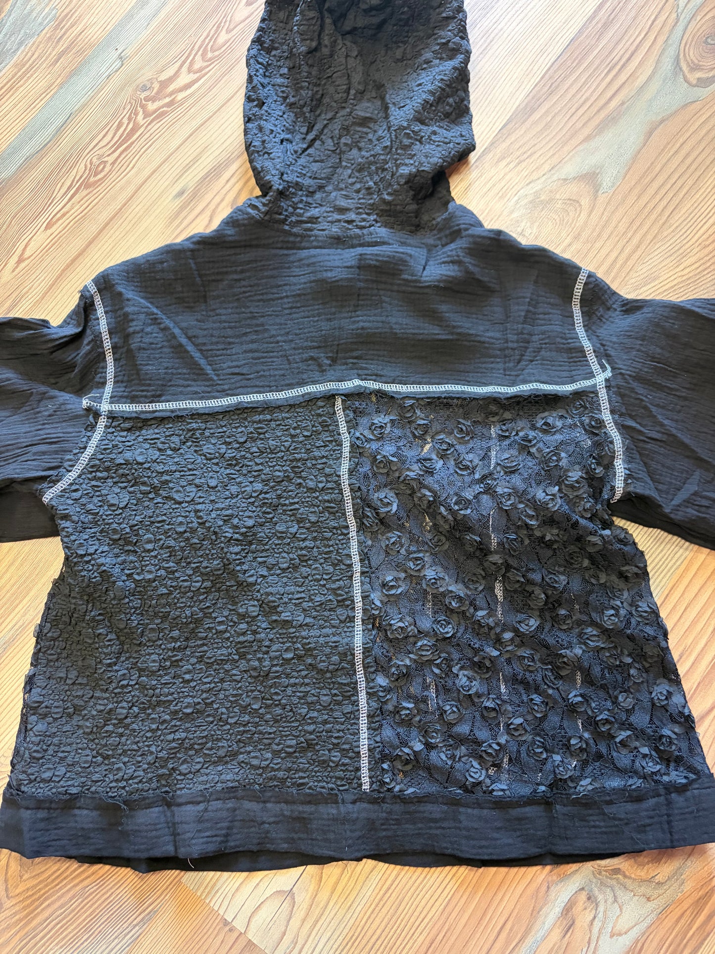 Black Gauze Cream Trim Hoodie POL