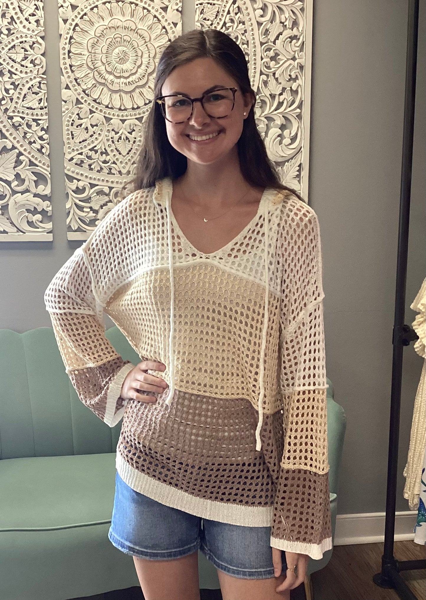 Neutral Hooded Net Top