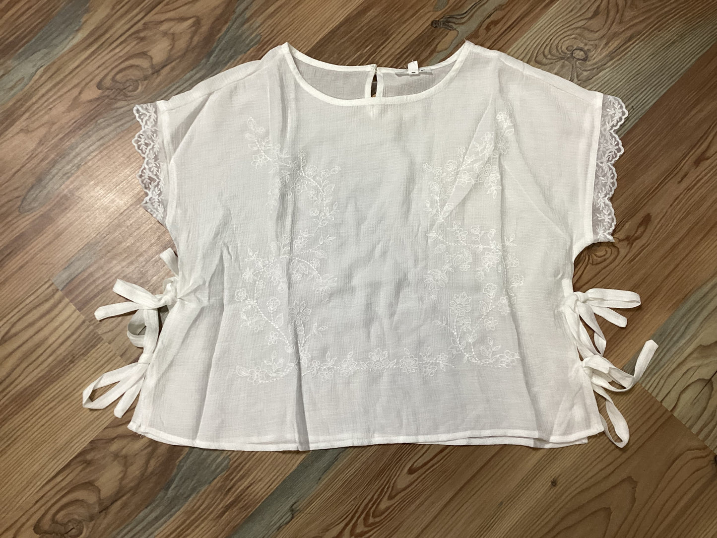 White Embroidered Tie-Side Top