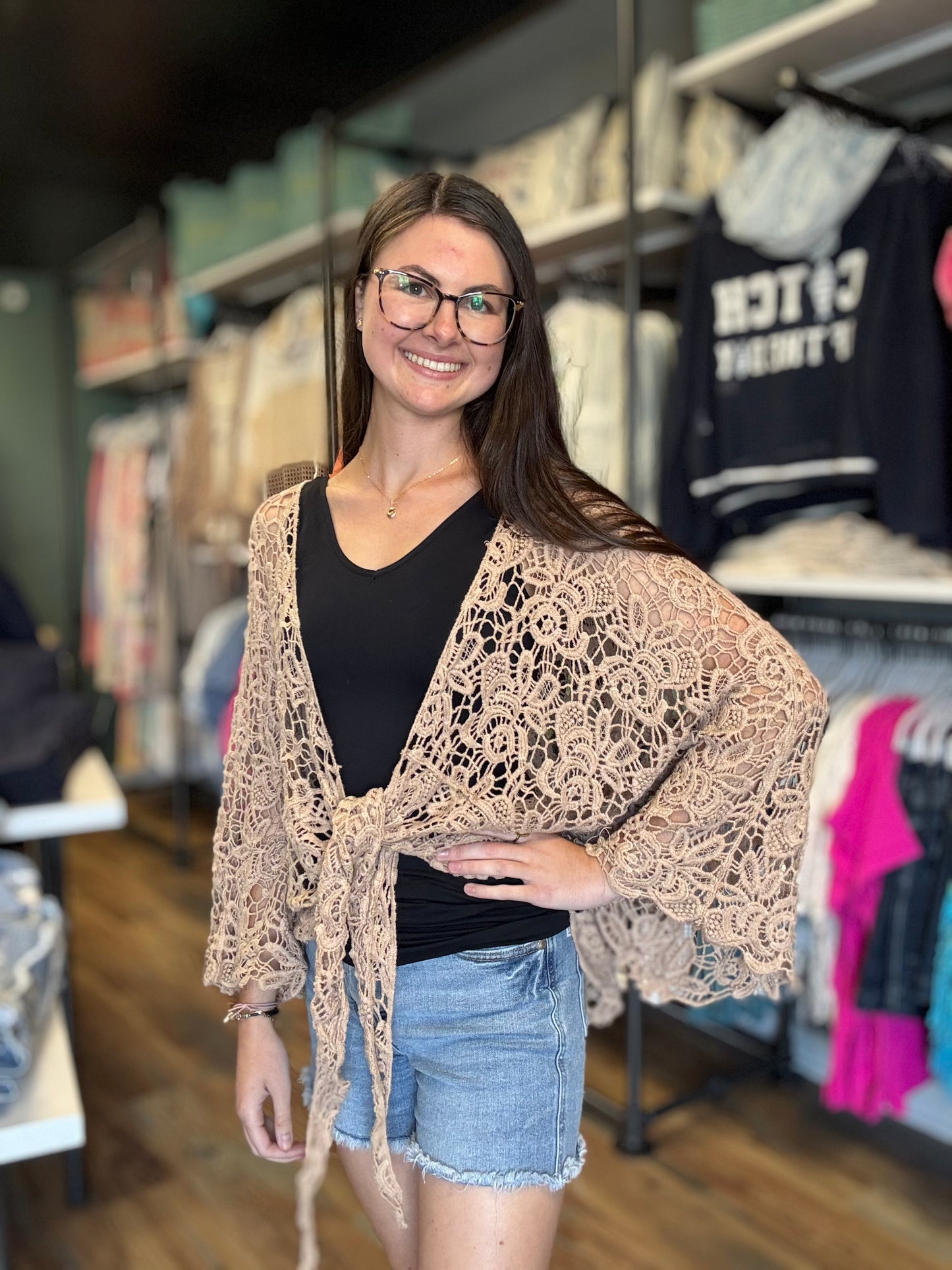 Tan Crochet Tie Kimono