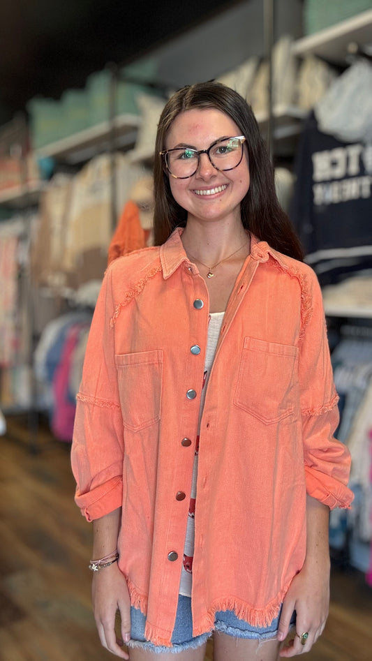 Coral Raw Hem Denim Jacket