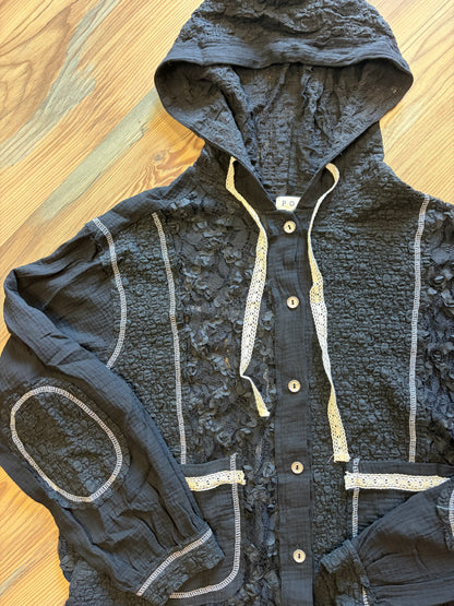 Black Gauze Cream Trim Hoodie POL