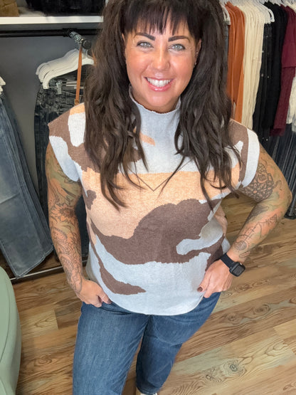 Camo Cap Sleeve High Neck Knit