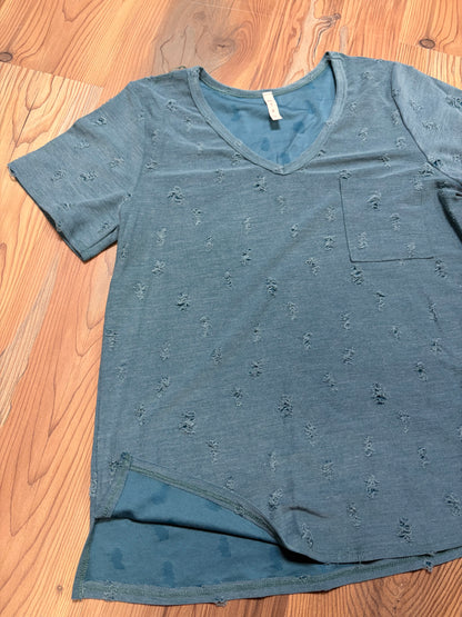 Teal Distressed V Neck