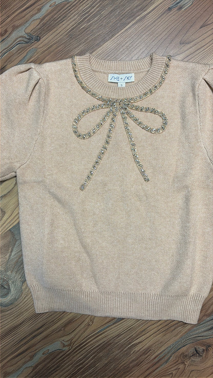 Oatmeal Glitzy Bow Knit
