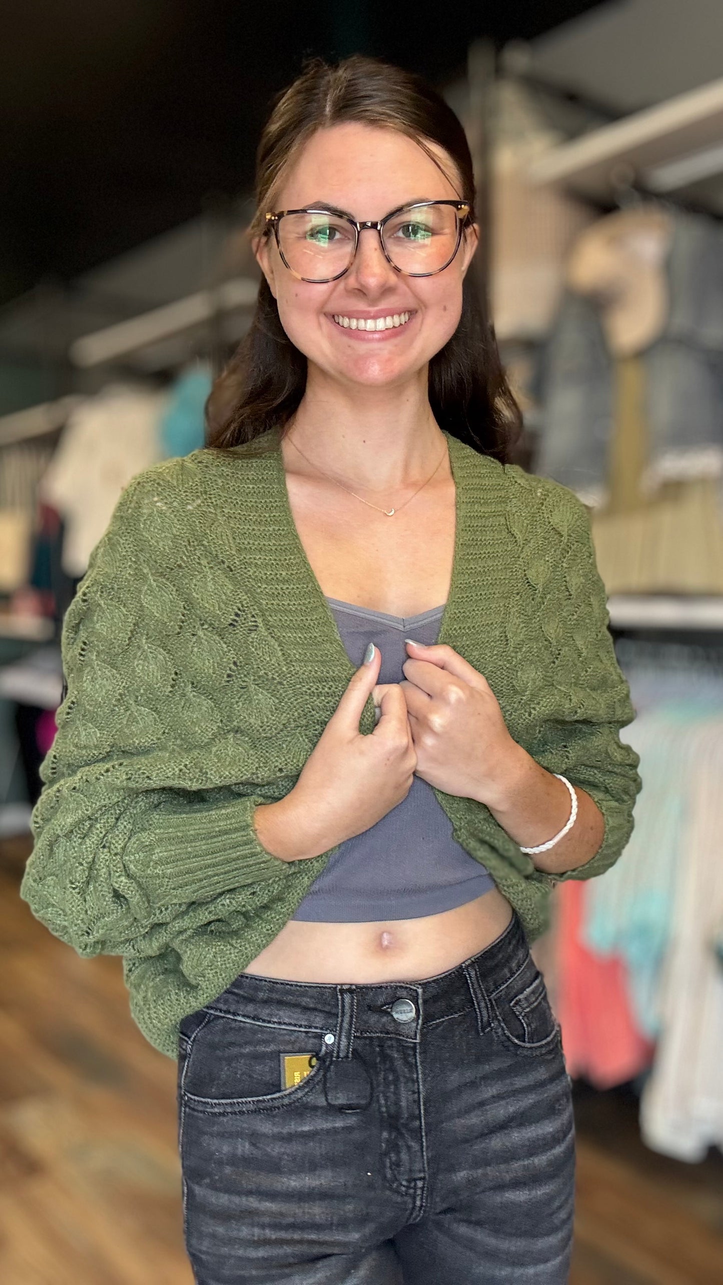 One Size Olive Textured Cropped Cardi