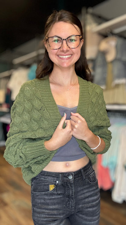 One Size Olive Textured Cropped Cardi