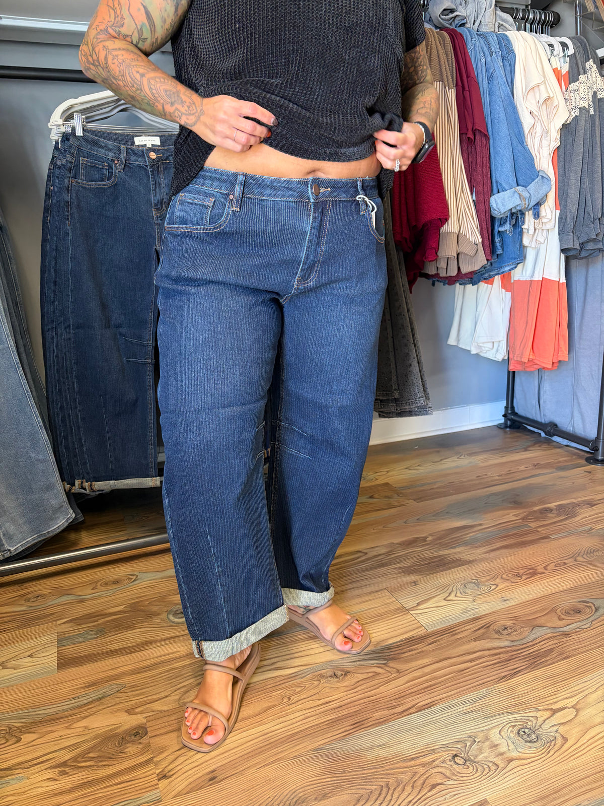 Risen Dark Wash Corded Barrel Jeans