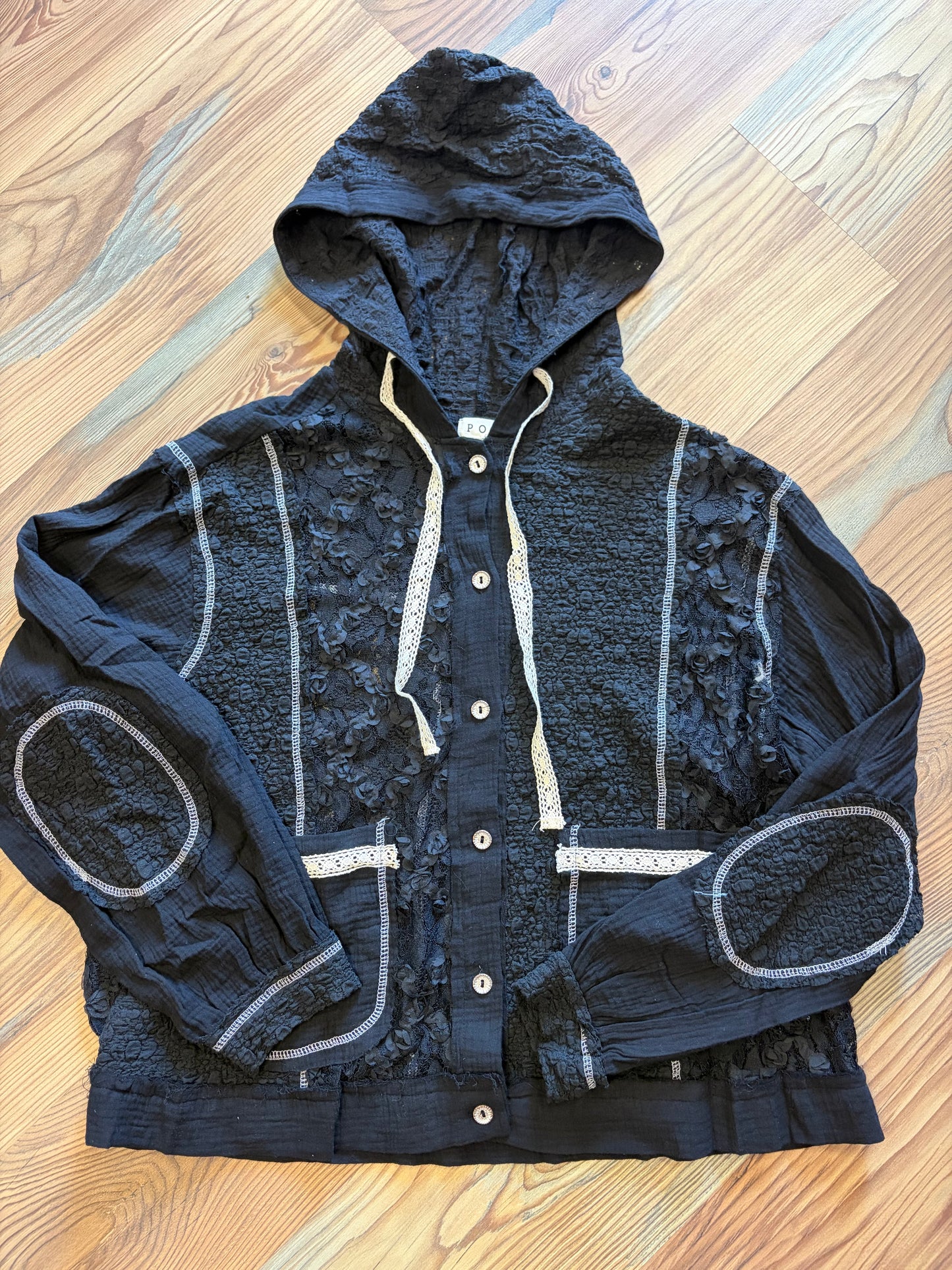 Black Gauze Cream Trim Hoodie POL