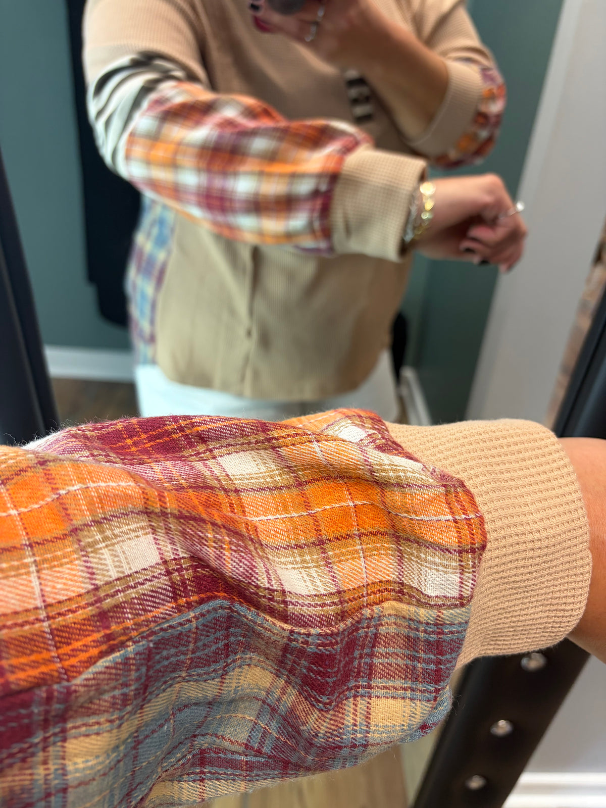 Tan Waffle Plaid Long Sleeve