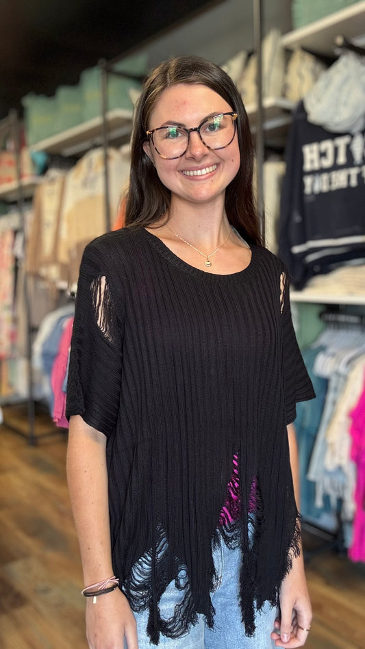 Black Distressed Ribbed Top
