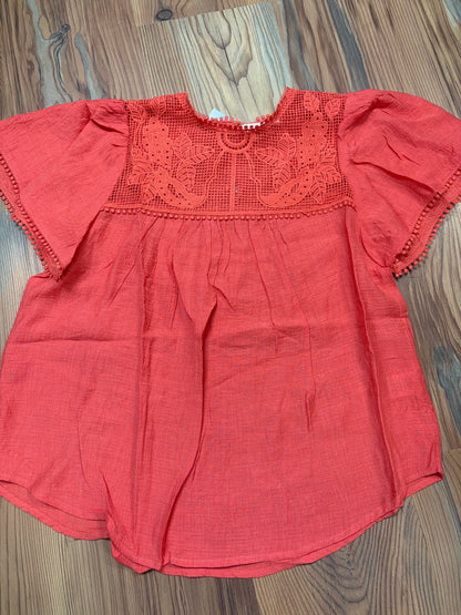 Coral Lace Neck Short Sleeve Blouse
