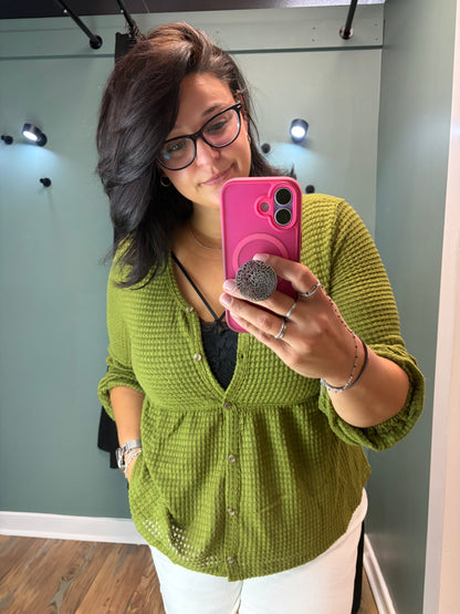 Green Waffle Button Front