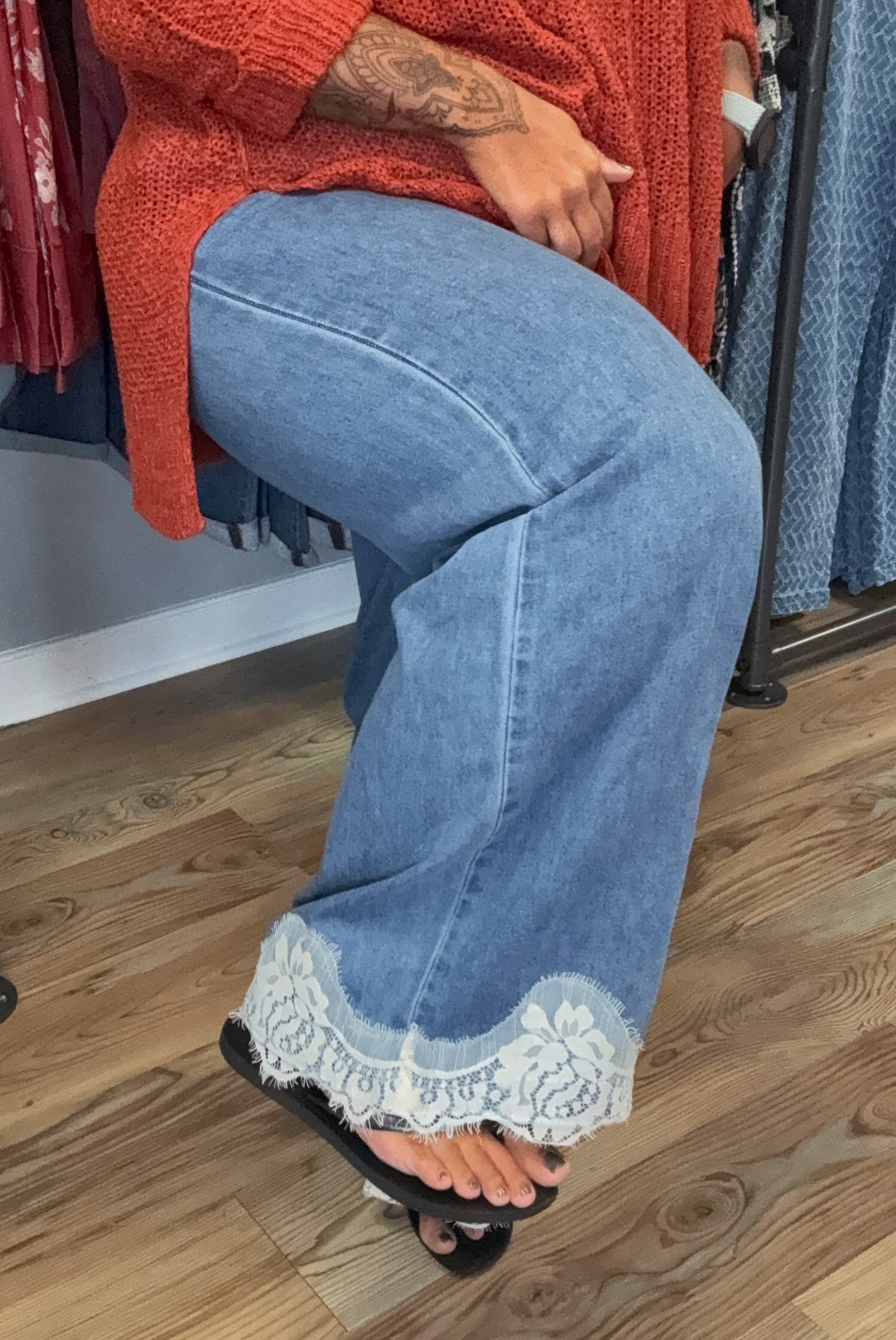 Chambray Wide-Leg Pants Lace Hem