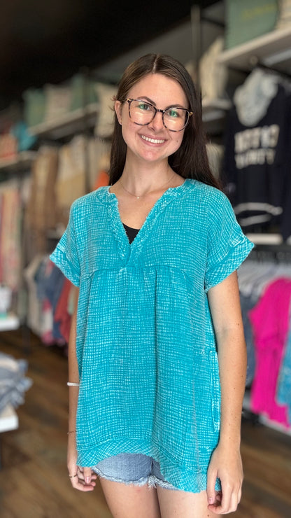 Washed Aqua Babydoll Top