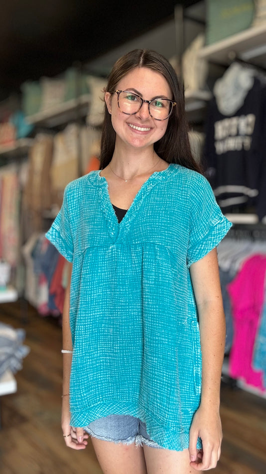 Washed Aqua Babydoll Top
