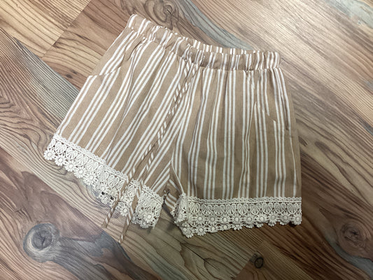Crochet Hem Tan Striped Shorts