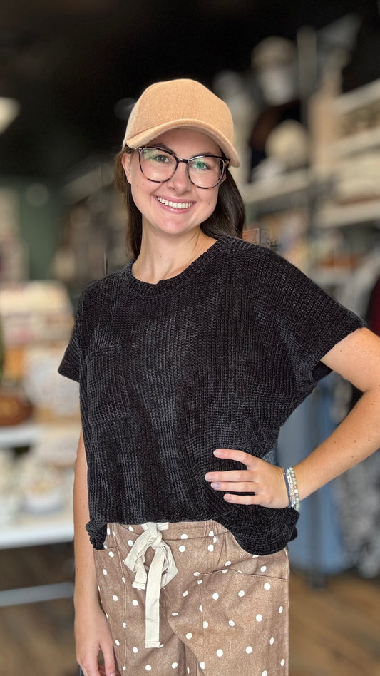 Black Chenille Waffle Top