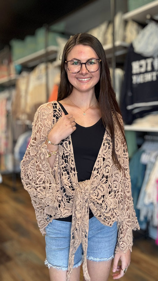Tan Crochet Tie Kimono