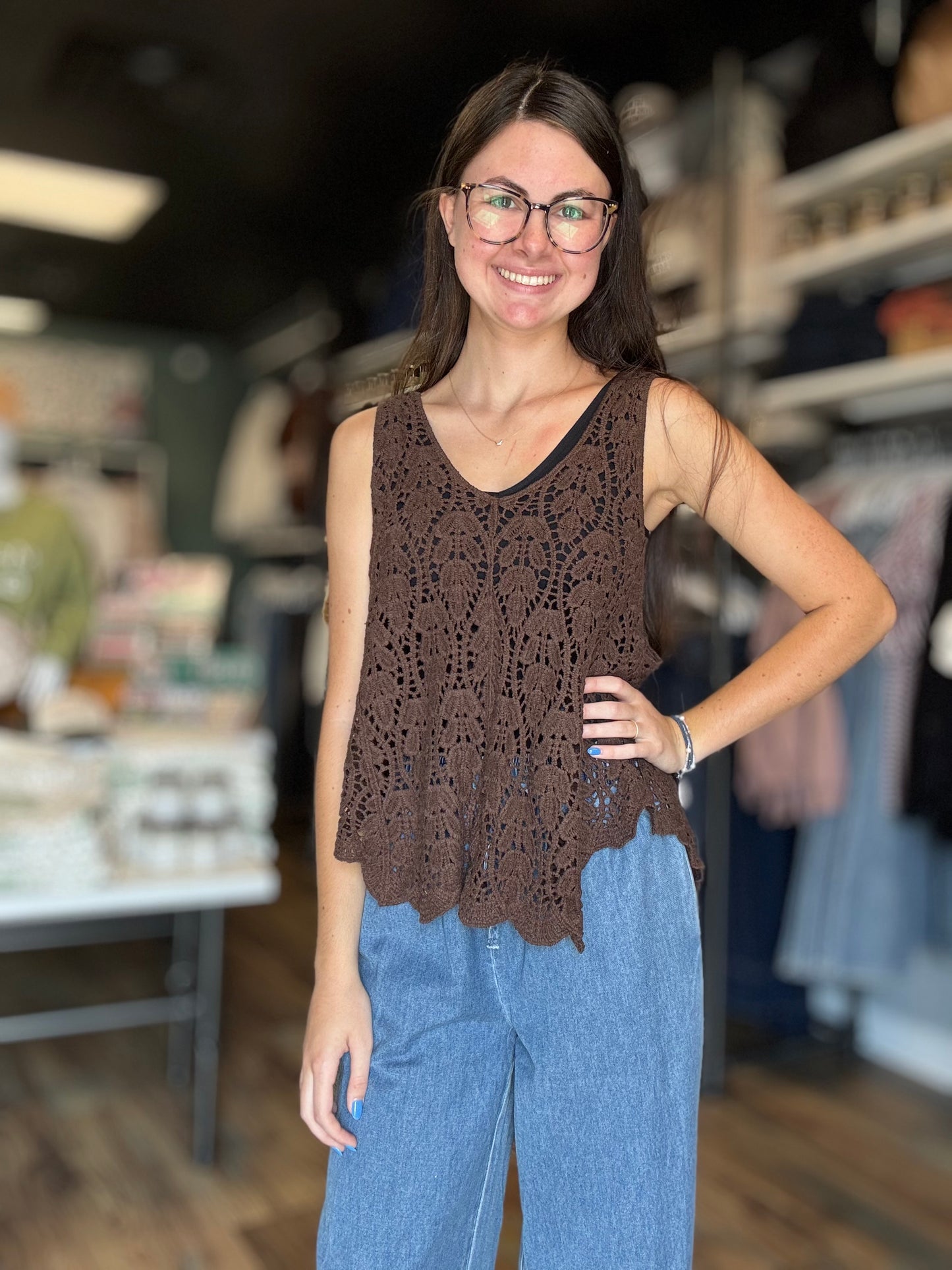 Chocolate Brown Crochet Tank One Size