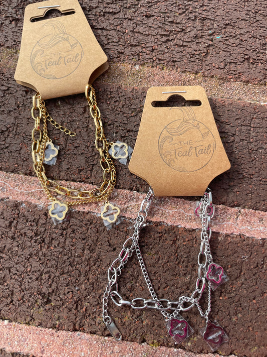 18k PVD Clover Paperclip Charm Bracelet