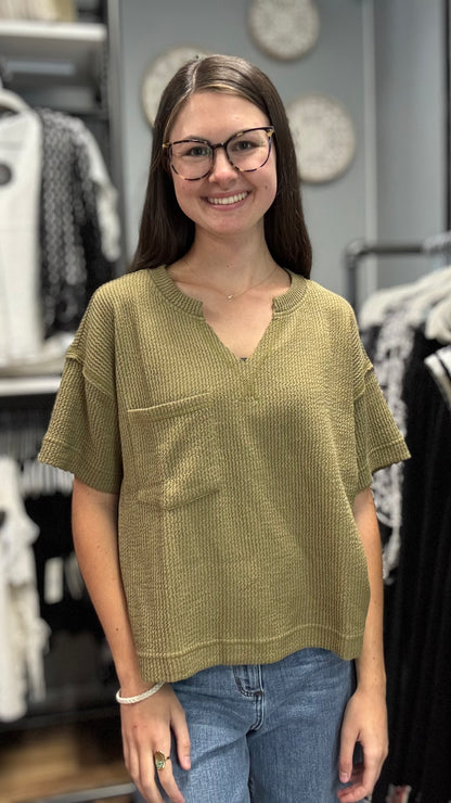 Olive Ribbed Cropped V Neck