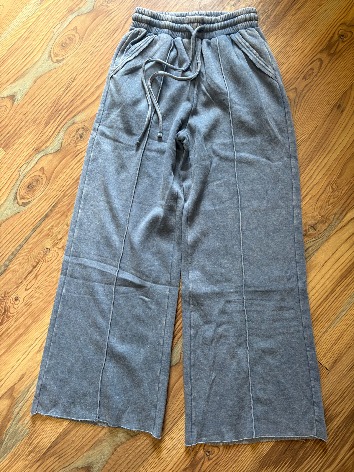 Dusty Blue Acid Wash Fleece Wide Leg