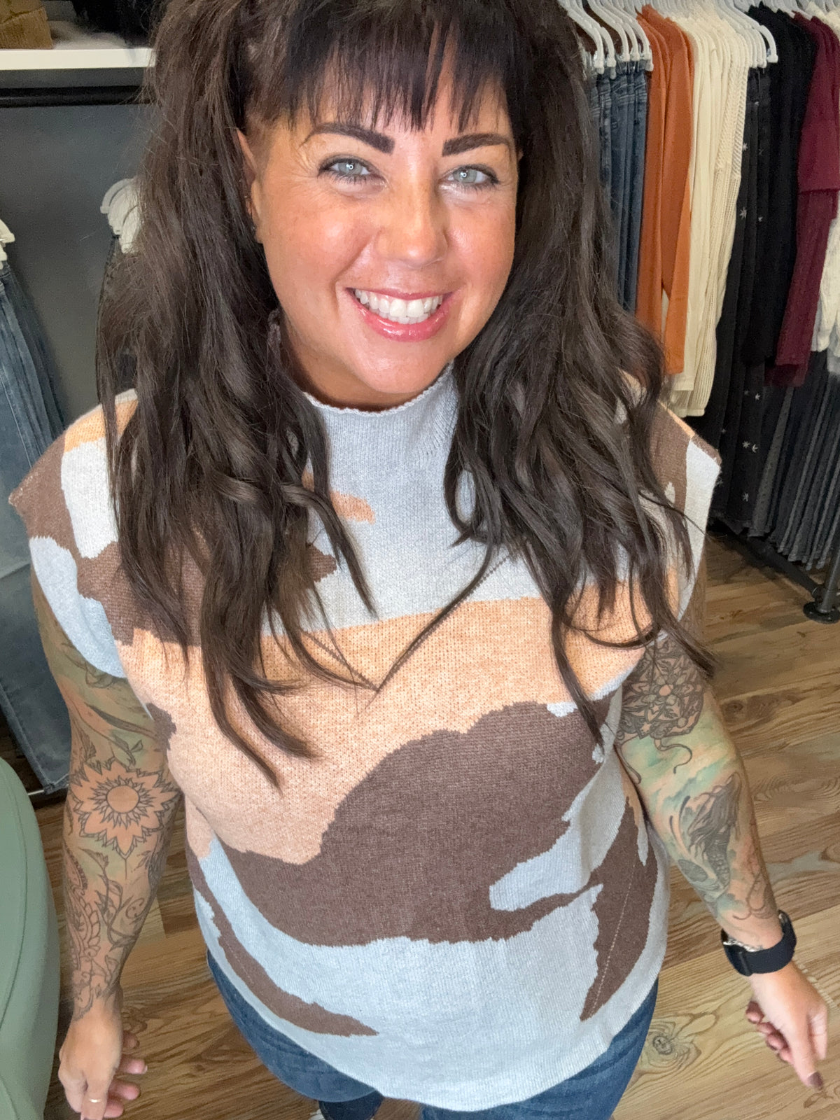 Camo Cap Sleeve High Neck Knit
