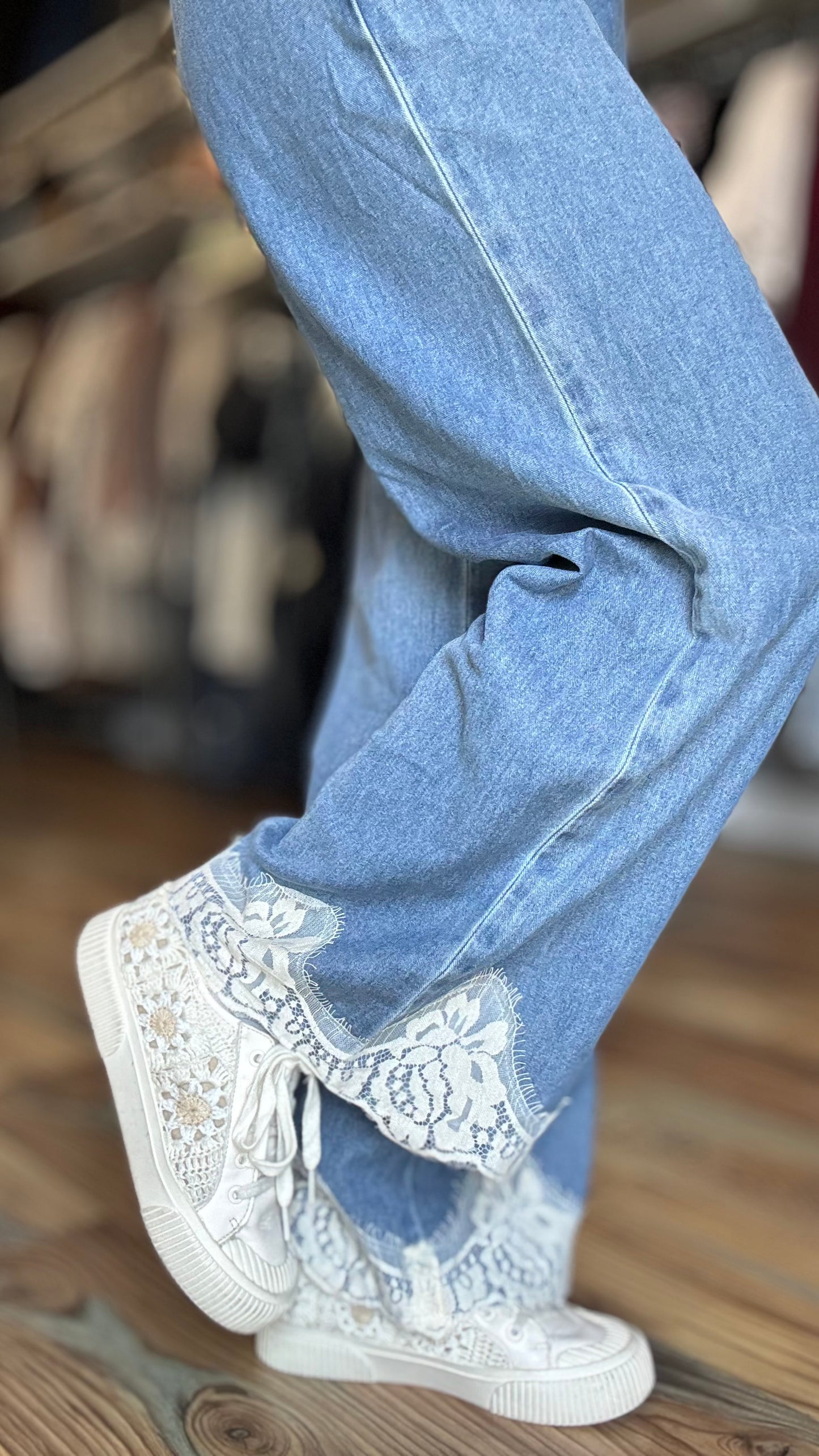 Chambray Wide-Leg Pants Lace Hem