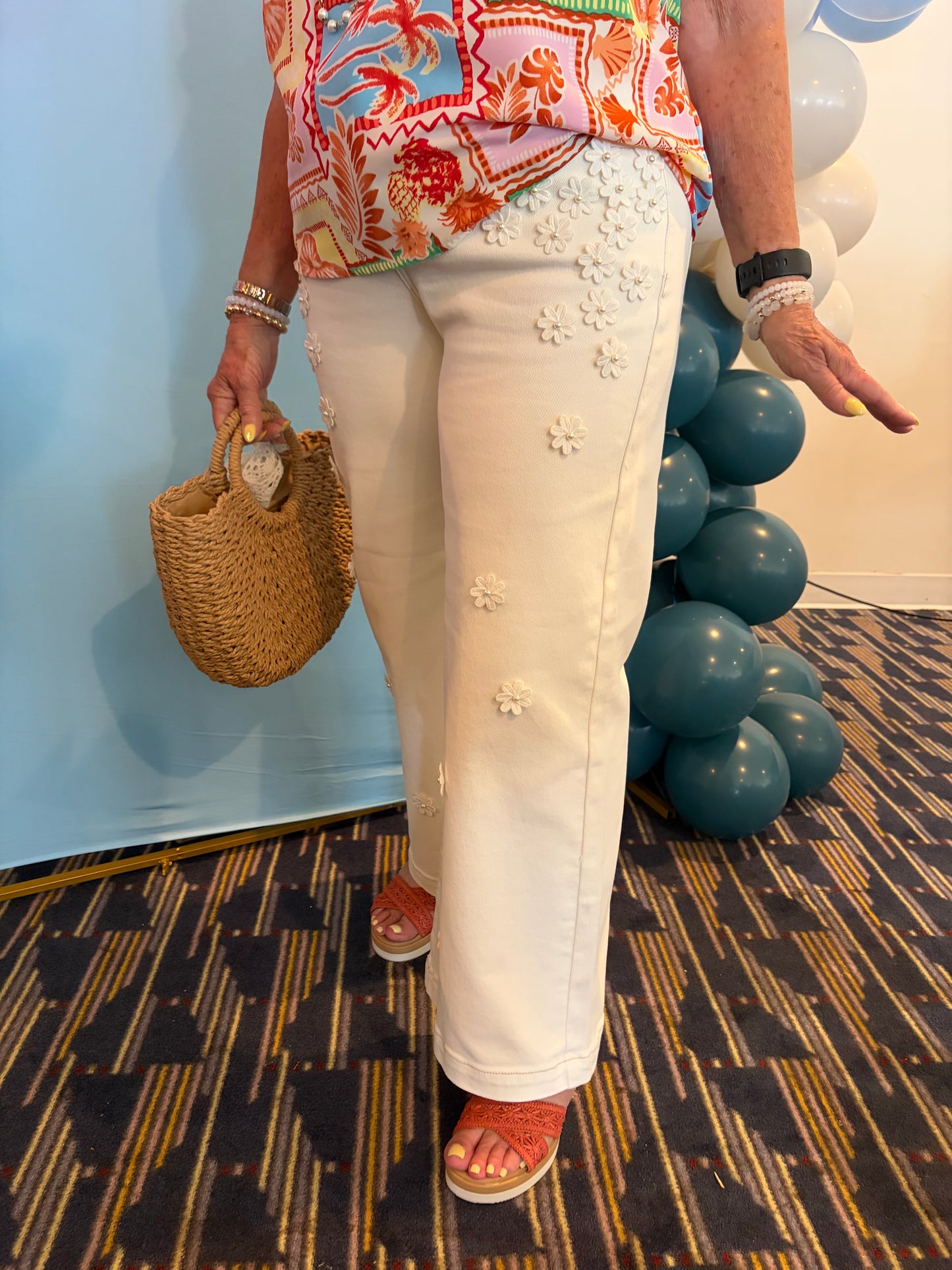 White Floral Risen Jeans