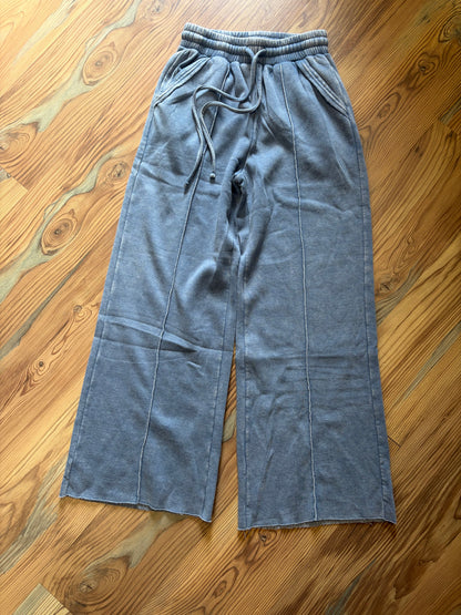 Dusty Blue Acid Wash Fleece Wide Leg