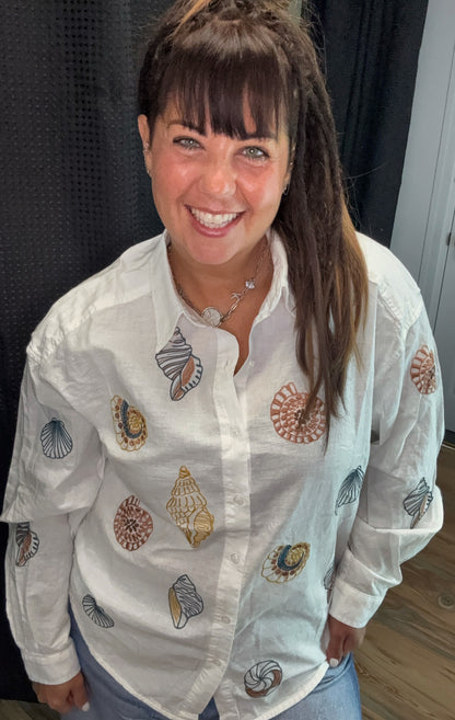 Seashell Embroidered Button Down