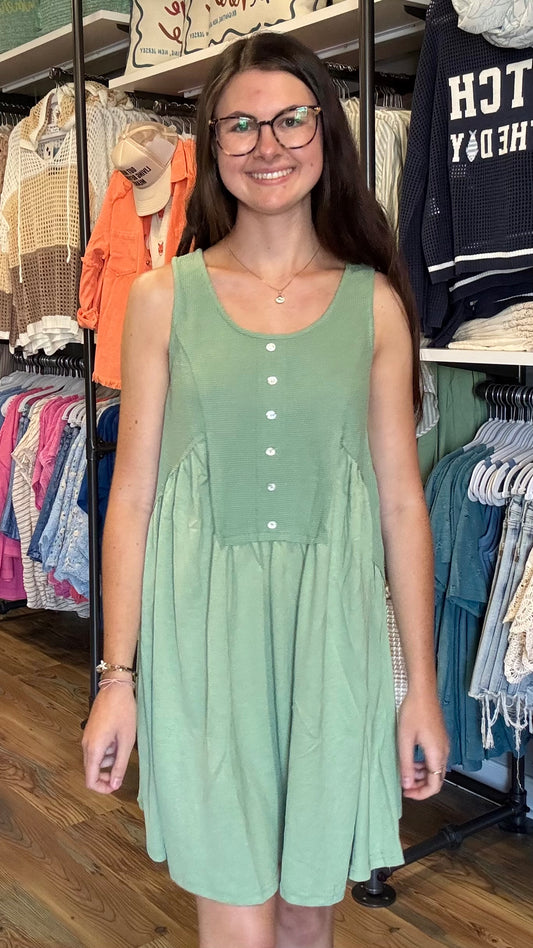 Green Waffle Babydoll Dress