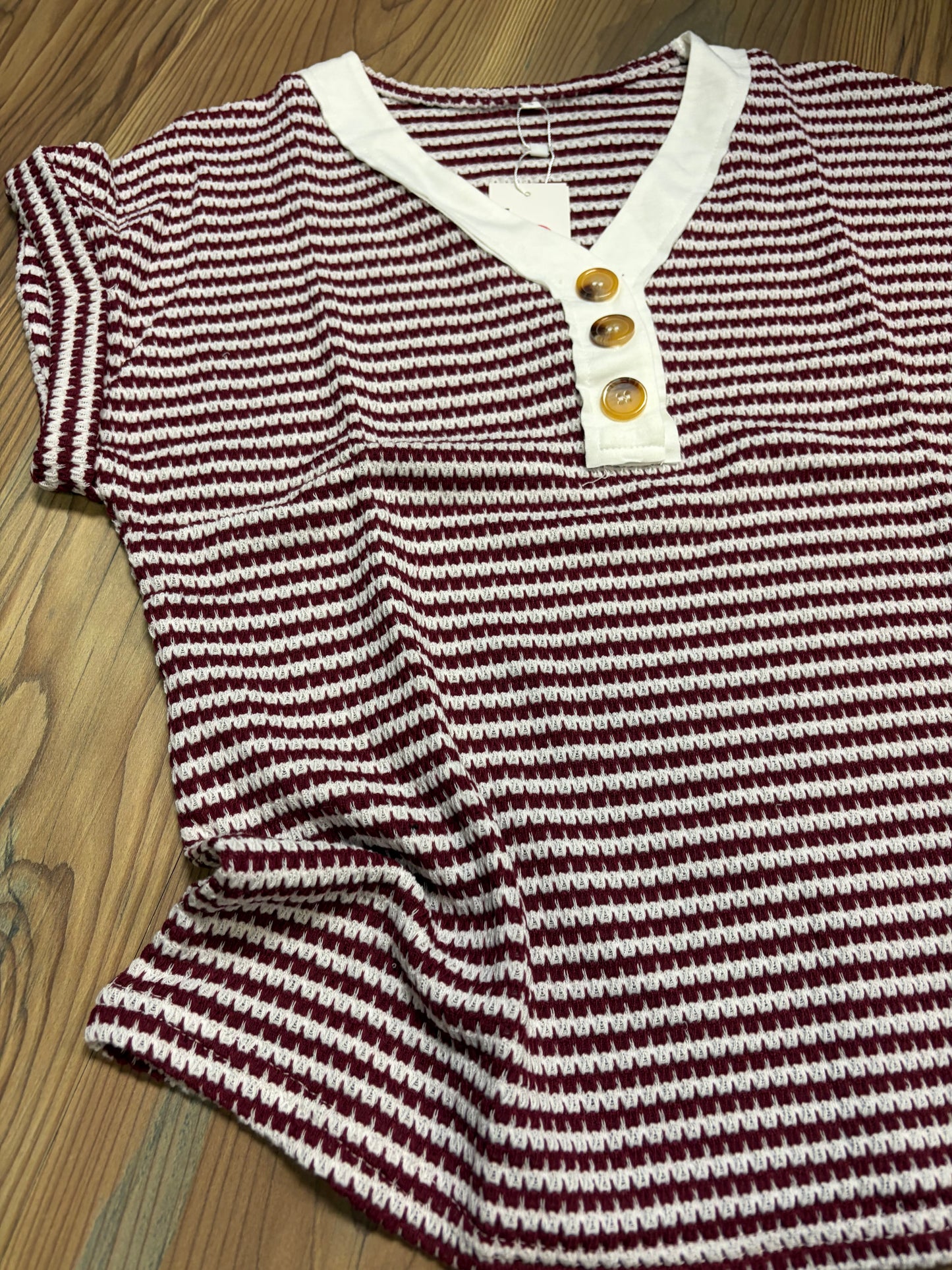 Wine White Striped V Neck
