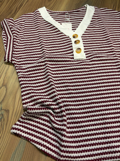 Wine White Striped V Neck