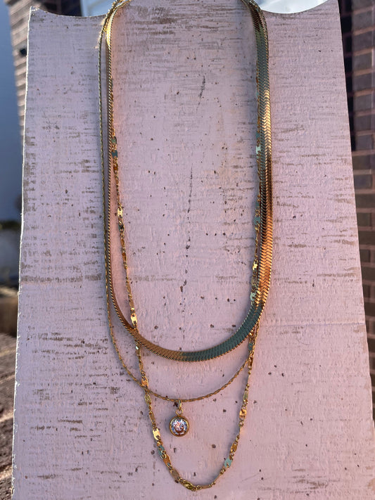 18k Gold Plated Tri Layer Stone Necklace
