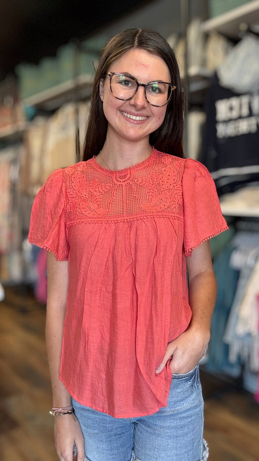 Coral Lace Neck Short Sleeve Blouse