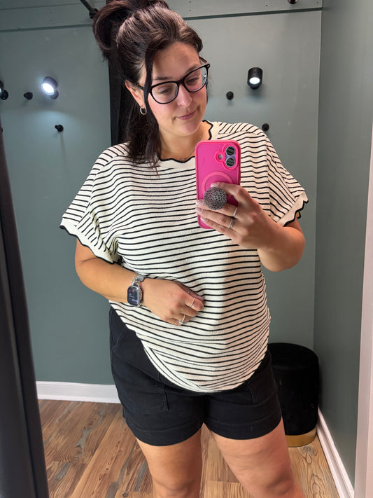 Ivory Striped Scallop Top
