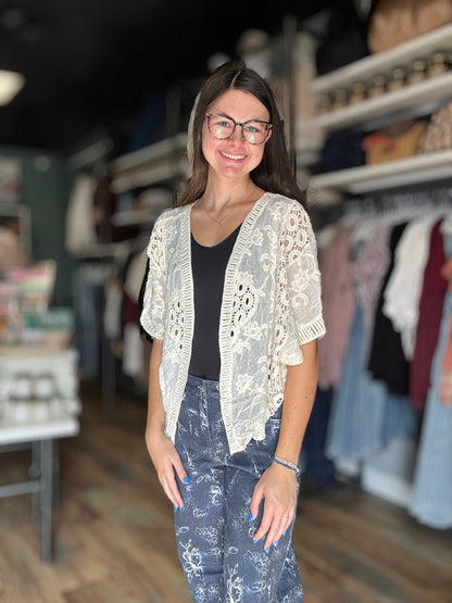 Beige One Size Open Front Eyelet Cardigan