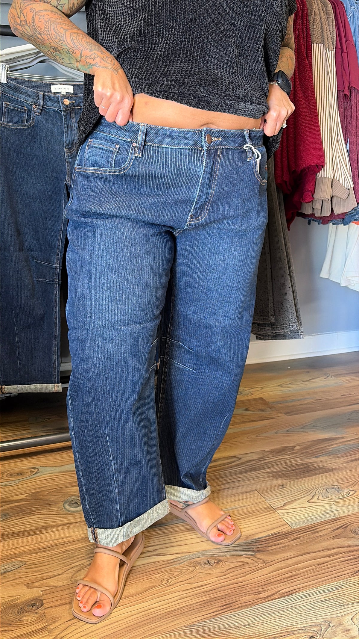 Risen Dark Wash Corded Barrel Jeans