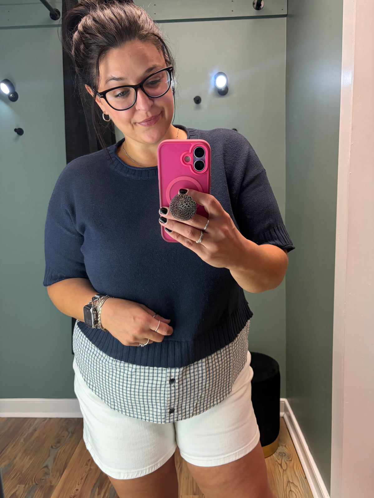 Navy Layered Plaid Sweater Top