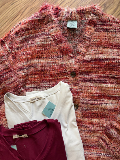 Red Tonal Fuzzy V Neck Button Cardi
