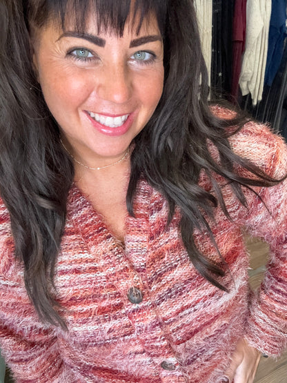 Red Tonal Fuzzy V Neck Button Cardi