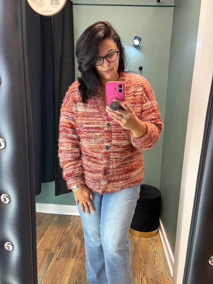 Red Tonal Fuzzy V Neck Button Cardi