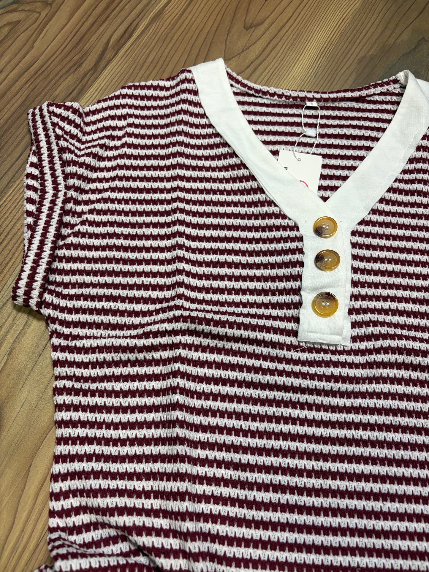 Wine White Striped V Neck