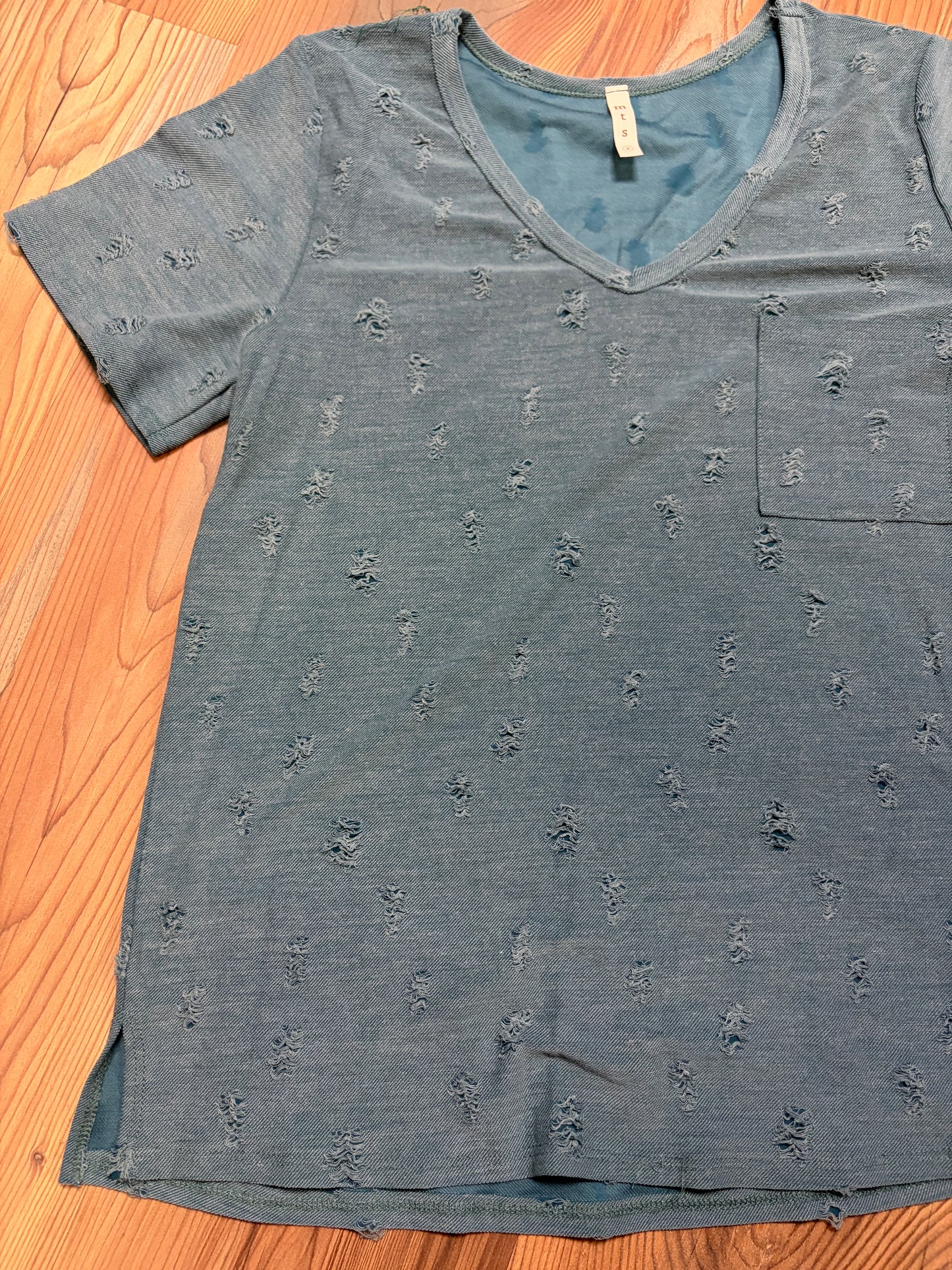 Teal Distressed V Neck