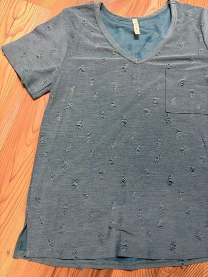 Teal Distressed V Neck