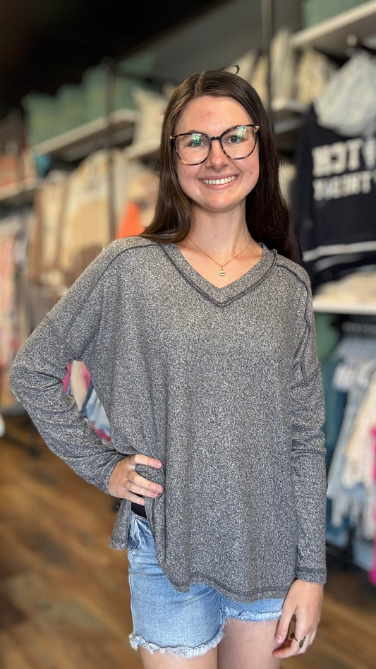 Washed Black Softy Hacci Long Sleeve Zenana
